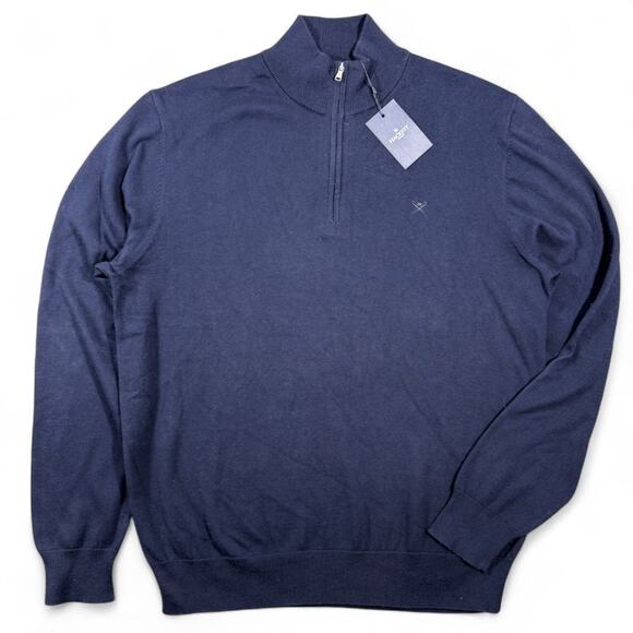 Hackett London Cotton Silk Quarter Zip Sweater Mens L Luxe Preppy Classic Navy - Picture 2 of 10
